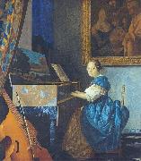 Johannes Vermeer A Young Woman Seated at the Virginal with a painting of Dirck van Baburen in the background painting
